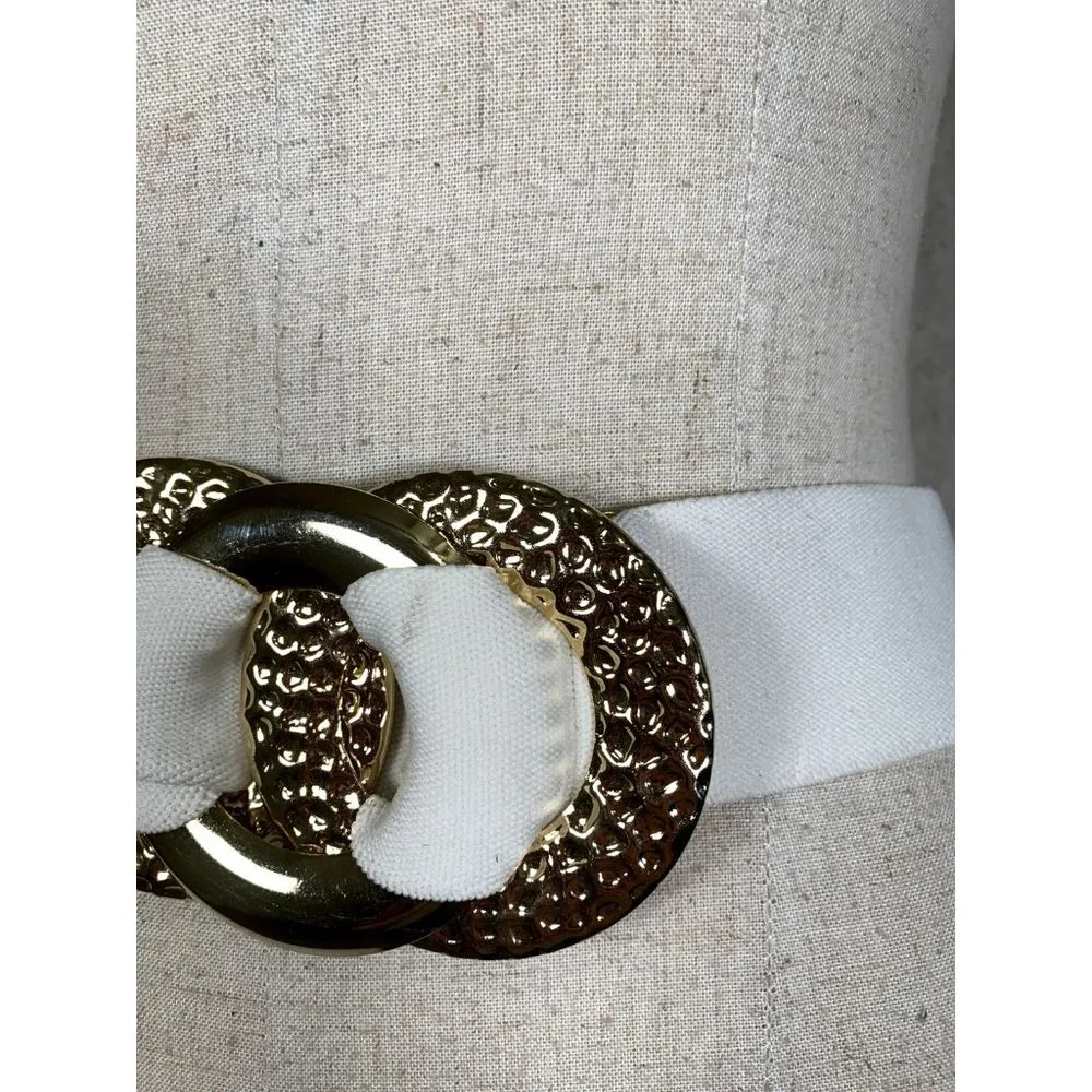 Vintage Statement Belt Womens Gold Accent White Elastic Waist 90s‎ Retro Wide
